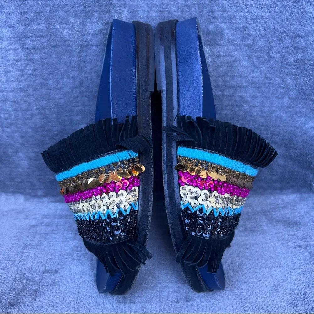Tory Burch Isle Slides Women 8.5 Slip On Shoes Beaded Fringe Sequin Sandals